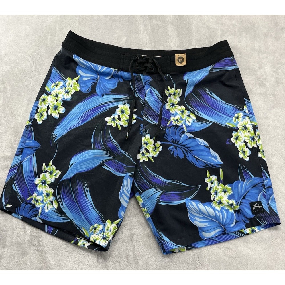 Rusty Board Short Men 36 Black Floral Drawstring Beach Surf 10in Inseam NEW